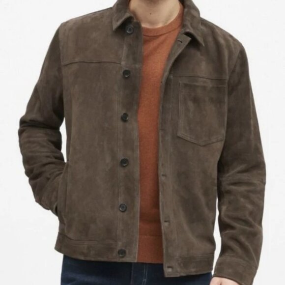 Banana Republic Mens Size Medium Vegan Suede Shirt Jacket Military Green Pocket - Picture 3 of 10